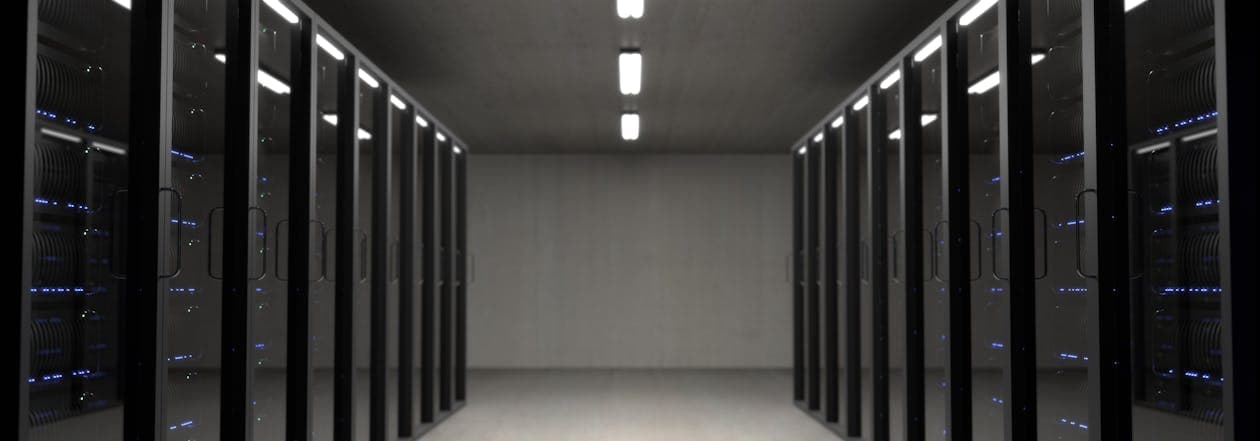 Server room with rack-mounted servers for VPS hosting