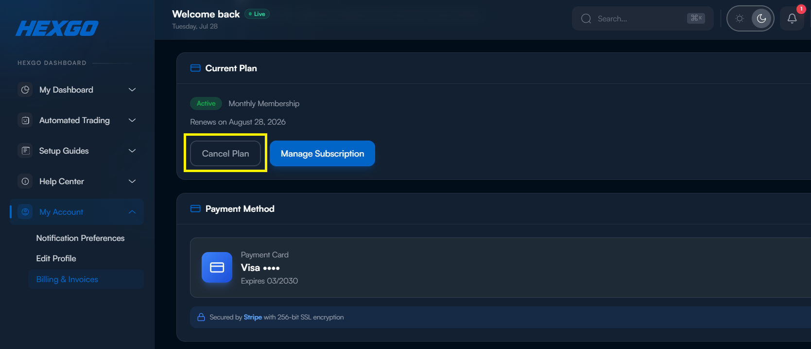 The Billing & Invoices page in the Hexgo app, where you can cancel your subscription or request a refund